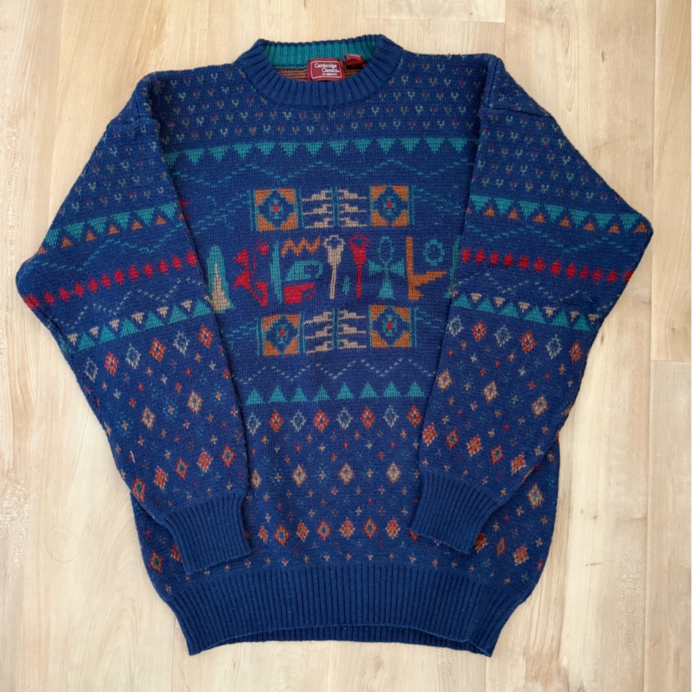 Vintage Cambridge Classics Blue Patterned Crewneck Sweater